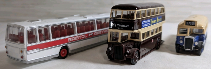 Diecast Model Lot Containing EFE Leyland TS8 Tiger Approx. 4.5", EFE PD1 Leicester Approx. 4.25" & EFE Plaxton Coach Bristol Greyhound Approx. 6.25"