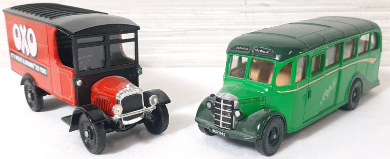 2 Diecast Corgi Toy Vehicles, Including A Bedford O.B Coach (6" Long) & Thornycroft Van (5" Long)