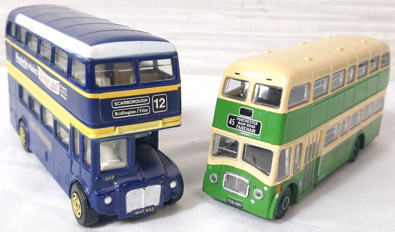 2 Diecast Corgi Buses, Including A Queen Mary Double Decker (5" Long) & London Routemaster Double Decker (5" Long)