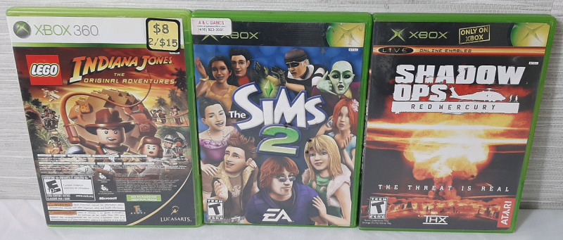 4 Xbox Games With Discs And Manuals, Including Shadow Ops: Red Mercury for Xbox, The Sims 2 for Xbox & Lego Indiana Jones/Kung Fu Panda for Xbox 360