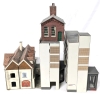 4 PCs 1:72 / HO/OO Scale Cardboard Buildings | Superquick B33 Railway Hotel, Metcalfe Side Shed, Gates 1 & 2 Unbranded Movie Theatre / Airport (?) | Up to 7.25" Tall - 7