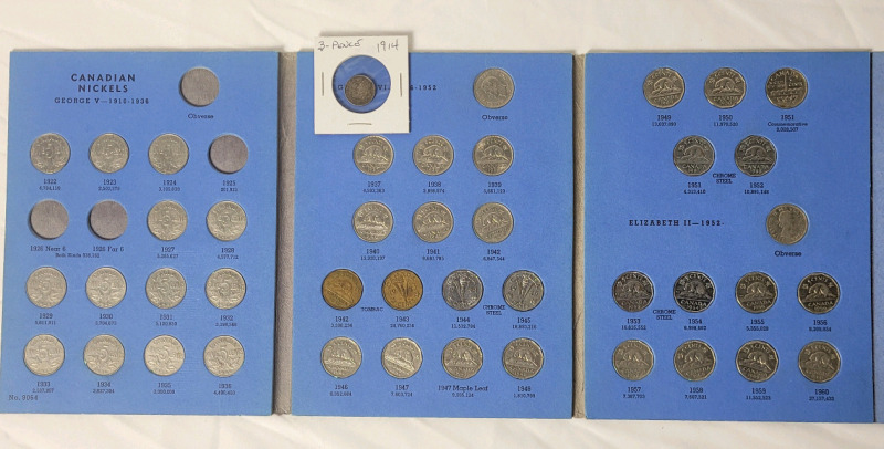 1922 - 1960 Canadian 5 Cent Nickels in Blue Book & 1914 Great Britain Silver 3 Pence Coin . All Coins in Correct Slot