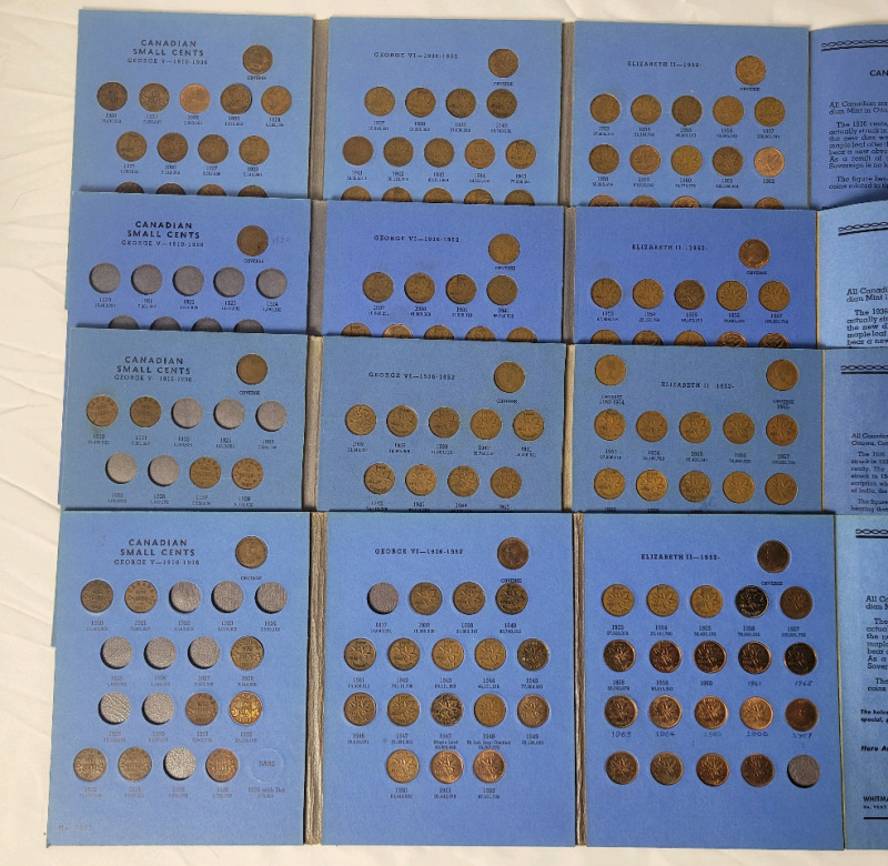 1920 - 1972 Canadian One Cent Pennies in Blue Books , Four (4) Books . Cannot Confirm if All Slot have Correct Coin