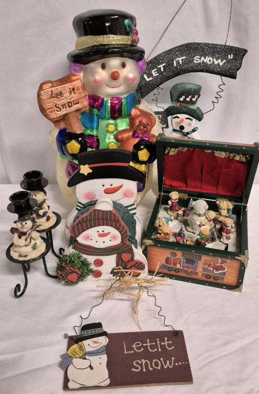 Christmas Snowman Decor + Storage Tote-Music Box Working + Let It Snow Signs ++