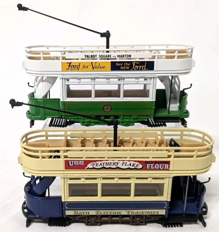 2 CORGI Diecast 1:76 Dick Kerr Type Trams | Talbot Square via Marton & Newbridge Rd | 2.4" Tall ea