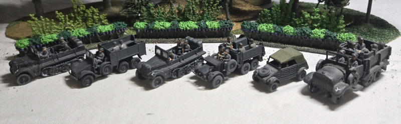 ( 6 ) Appears To Be Plastic/ Metal German Military Vehicles Includes But Isn't Limited To, Half Tracks, 3.5 Ton Truck & Buggy | Largest Measures 3" x 1¼" * Shrubbery Not Included *