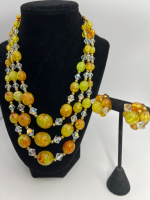 Vintage Crackle Lucite Aurora Happiness 3 strand Necklace Earrings