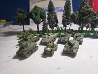 ( 7 ) Appears To Be Plastic British Tanks| Includes Stuart V, Sherman ARV, Crusader MK3 & Recon Car | Largest Measures 3" x 1½" * Shrubbery Not Included *