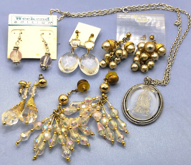 Clear Beaded Jewelry - Earrings & Avon Necklace with Pendant