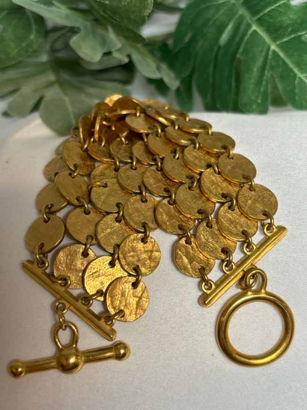 Vintage KENNETH LANE KJL Signed 80's Gold Tone 4 Strand Coin Link Bracelet High End Fashion