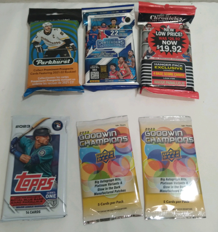 6 new packs of sports cards, Parkhurst 2021-22 Hockey cards, Panini Contenders Basketball 22-23 Cards, Chronicles NBA Trading Cards,Topps 2023 Baseball Cards, 2 Goodwin Champions Upper Deck 2023