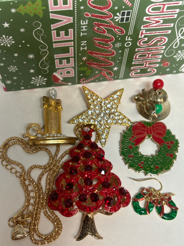 Christmas Box Filled with Festive Jewelry Amazing Signed Betsey Johnson Red Crystal Tree Necklace Included