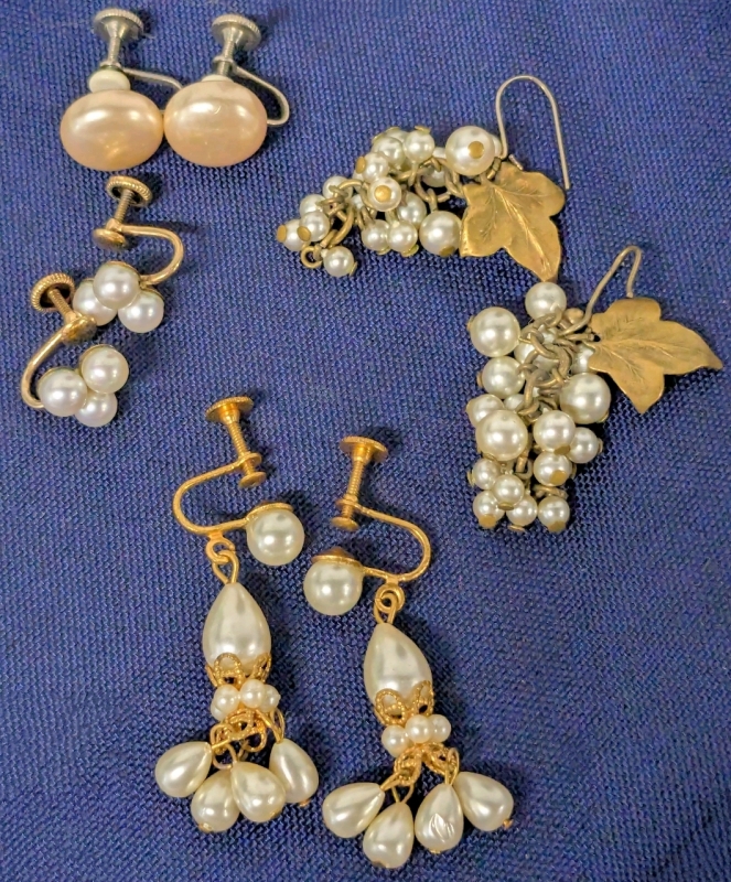 4 Vintage Pairs of Pearl • Faux Pearl Earrings incl Gorgeous "Grape" Cluster with Brass Grape Leaves | Up to 2" Long