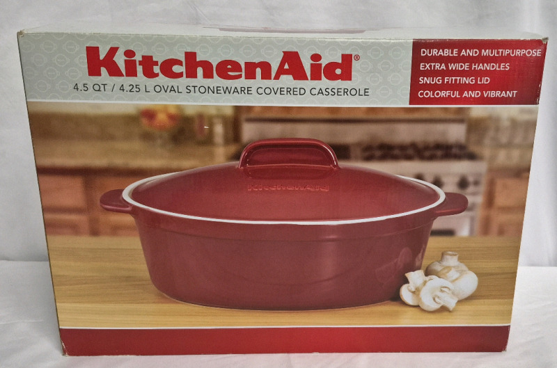 New Red Kitchen Aid 4.25L Oval Stoneware Covered Casserole Dish