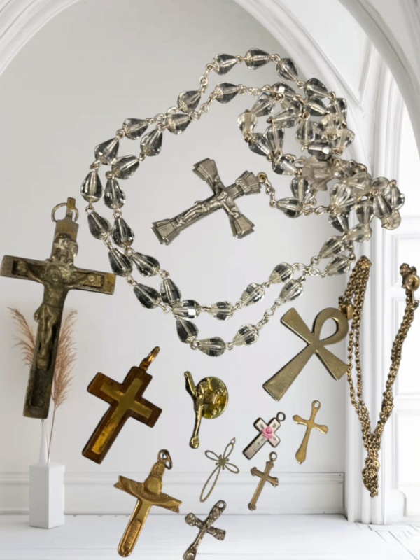 Large Grouping of Crosses Crucifixes Rosary & Necklace