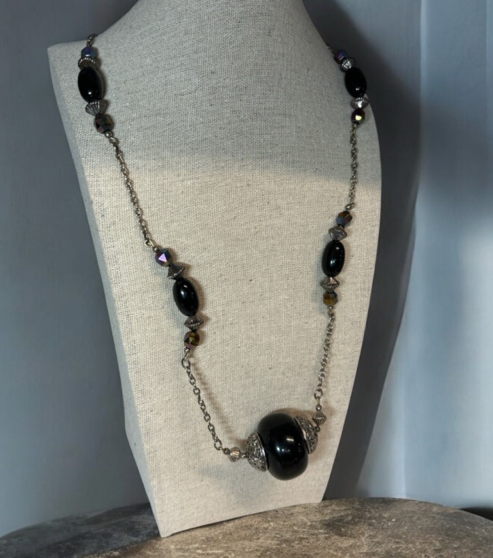 925 Sterling Silver Stunning Jet Black Glass Bead Statement Necklace