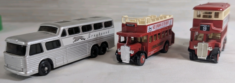 Lledo Diecast Days Gone Busses Lot Of 3 Includes Greyhound Americruiser Bus, AEC Regent Tour Bus & AEC Renown Double-Decker