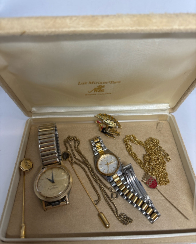 Vintage Jewelry Box with Contents Watches Brooch Lapel pins and Chains