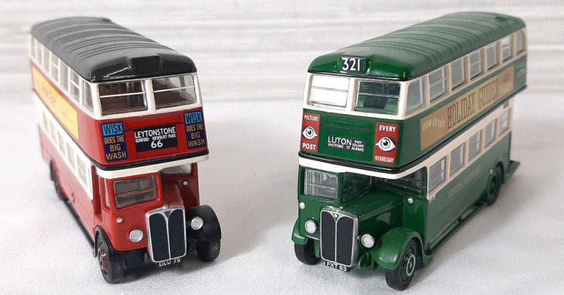 2 Diecast EFE Toy Buses, Including Red And Green AEC STL London Transport Double Decker Buses (4" Long)