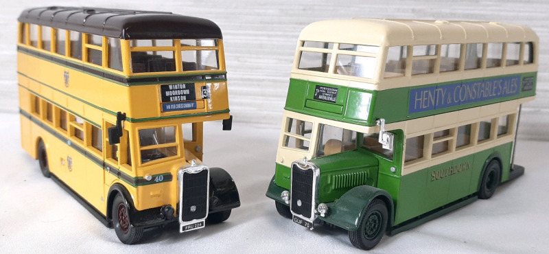 2 Diecast Corgi Double Decker Transport Buses (6½" Long)