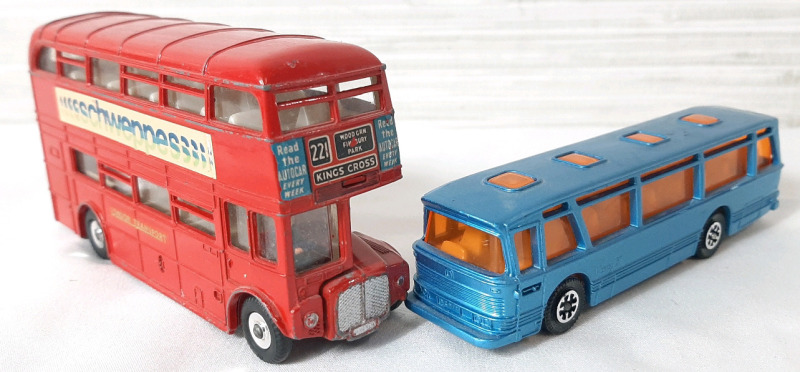 2 Diecast Dinky Toy Buses, Including A Red Routemaster Double Decker London Transport Bus (4½" Long) & A Blue Viceroy 37 Coach Bus (4½" Long)