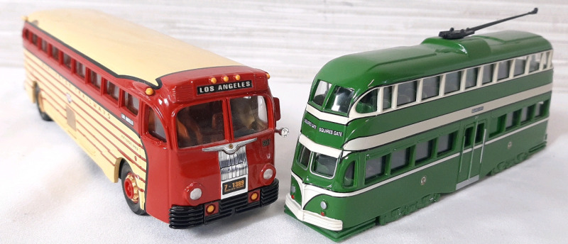 2 Diecast Corgi Toy Transport Models, Including A Yellowcoach 743 Bus (7½" Long) & A Double Deck Balloon Tram (6" Long)