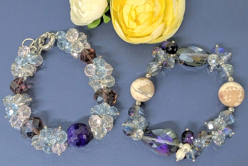 Pair of Crystaline Faceted Glass Cluster Bracelets : Expansion & Clasp | Up to 9" Long