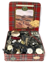 Assorted Watches + Pair Stud Earrings in Art Carved Case | incl Timex, Gruen, Astrosonic, Primus, Pulsar, Helbros + More in Cookie Tin | Tin 8.5" x 9.5" x 2"