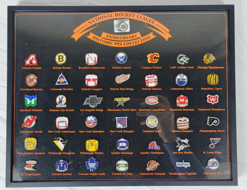 National Hockey League 75th Anniversary Historic Pin Collection . 43 NHL Pins in Frame . Measures 14.5"×11.5"