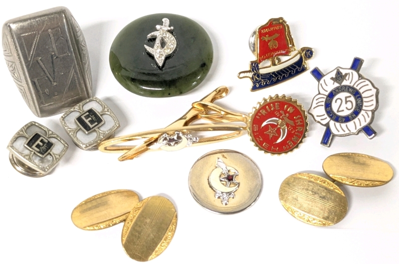 Vintage Men's Lot : Heavy Non-Magnetic Ring Size 8 & 2.15" Long Pocket Knife both Engraved "E.V.B." + Cufflinks, Assorted Shriners Pins +