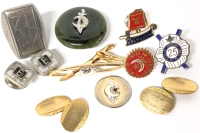 Vintage Men's Lot : Heavy Non-Magnetic Ring Size 8 & 2.15" Long Pocket Knife both Engraved "E.V.B." + Cufflinks, Assorted Shriners Pins +
