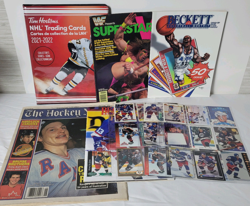 NHL Hockey Teemu Selanne Trading Cards , Tim Horton Card Binder , 1994 Hockey New , WWF Magazine & Basketball Beckett