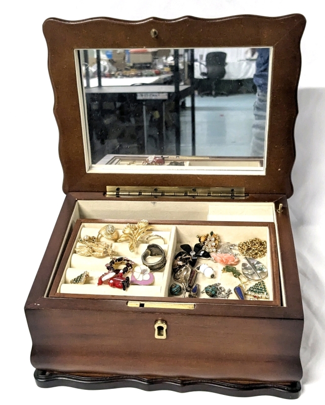 1970s Wood Sankyo Musical Jewelry Box with Contents | 7.5" x 10" x 5.15" Tall