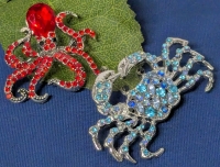 Under the Sea Brooches! Silver Tone Red Octopus & Blue Crab Absolutely Awash in Rhinestones | Up to 2" Across