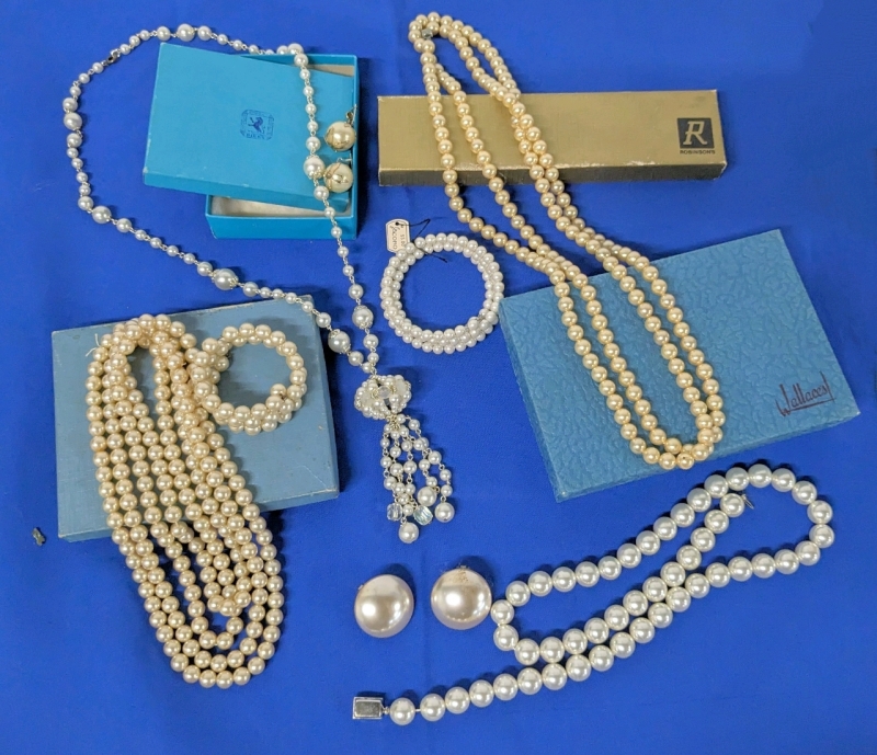 Champagne & White (Faux) Pearls : 4 Necklaces, 2 Coil Bracelets (incl CORO) & 2 Pairs Earrings | Up to 57" Long