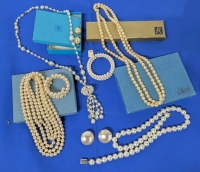 Champagne & White (Faux) Pearls : 4 Necklaces, 2 Coil Bracelets (incl CORO) & 2 Pairs Earrings | Up to 57" Long