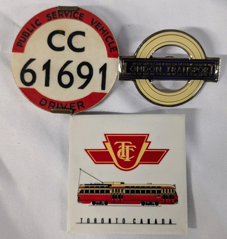 3 Bus Driver Badges TTC, PVS Bus Driver and London Transit. Widest 2" Across.