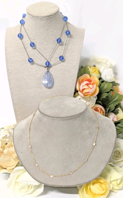 Dainty Sterling Silver Stamped 925 Gold Tone Necklace w 12 Bezel-Set Faceted Stones & Lovely Blue Glass Necklace w Etched Teardrop Attached Pendant