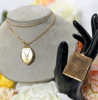 Signed PQK 1/29 12K Gold Filled Art Deco Locket on 24" Signed National Chain N/C 14/20 GF Chain + Lovely Rectangular Art Deco Locket