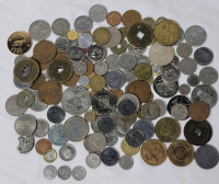 World Coin & Token Lot . Includes Three (3) 1902 - 1952 Canadian Silver Dimes (dates unknown) plus World Coins & Tokens