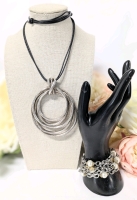Striking Signed Israel Large (4" Long!) Lightweight Cast Metal Looping Focal Pendant on Adjustable Leather Cord & Very Pretty Multi-Strand Chain Hammered Gold Tone & Pearl Toggle Bracelet