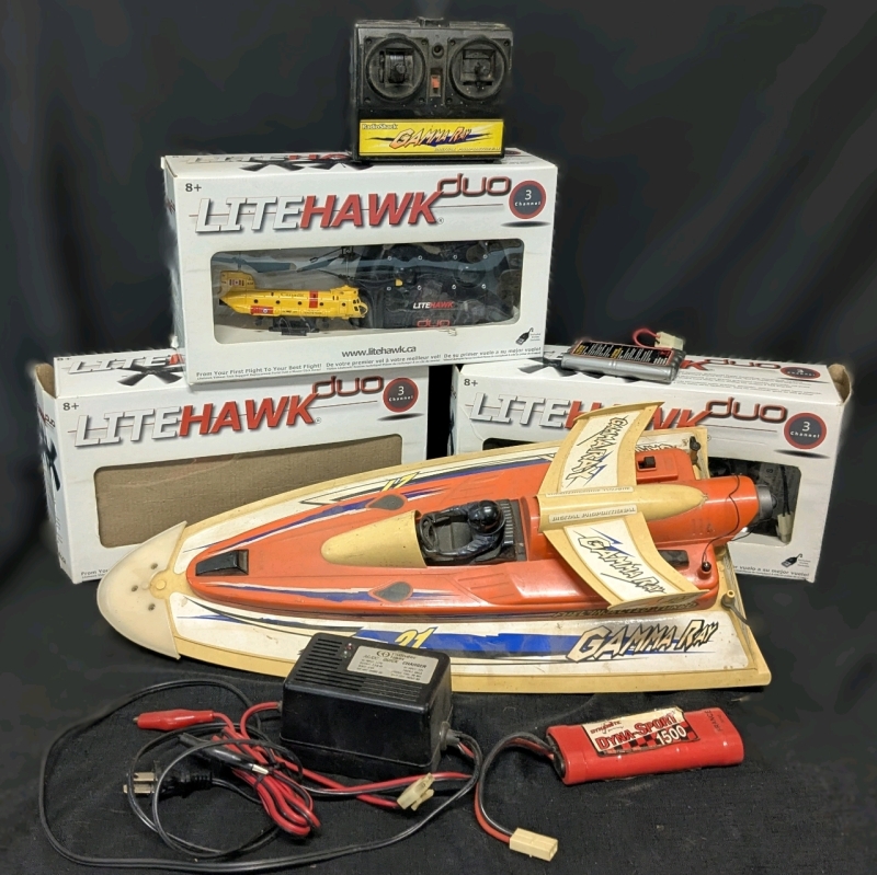 Vintage Radio Shack Gamma Ray Remote Control Boat w Remote, Thunder Tiger Quick Charger + Dynamite Dyna-Sport 1500 Battery, 2.5 LiteHawk Duo 3-Channel Drones (Lot Sold As-Is)