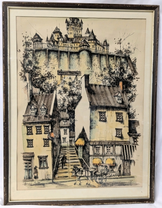 Vintage Framed & Matted Chateau Frontenac Quebec City Canada Rue Champlain Watercolor Lithograph | 19.25" x 25.25"