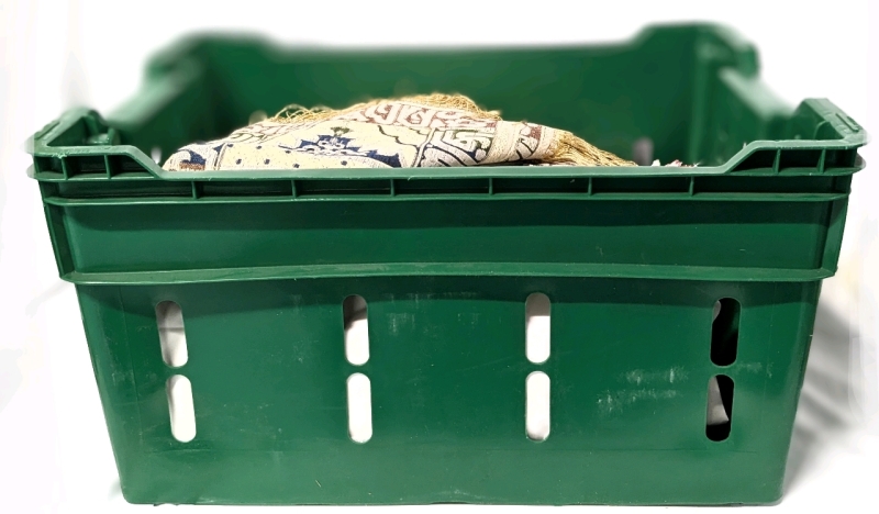 Assorted Vintage Linens in Heavy Duty Green Plastic Bin incl Lace, Napkins, Placemats, Embroidery + | 23.5" x 18.25" x 12.25" Tall