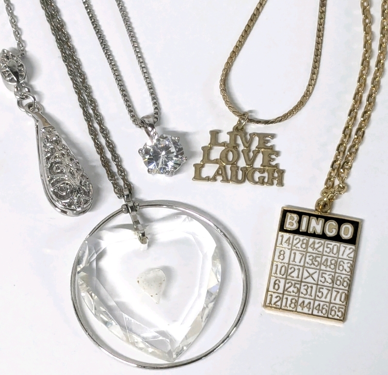 5 Silver / Gold Tone Necklaces : Signed AT Bingo Pendant, Filigree Teardrop, Engraved Faceted Glass Heart, "Live Love Laugh" + Claw-Set Faceted Round Stone | Up to 20" Long