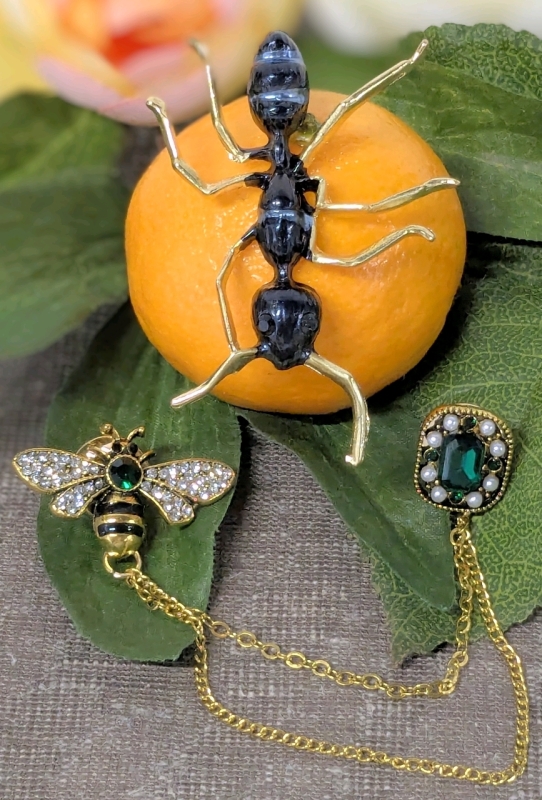 Creature Couture! Adorable Gold Tone Bee Chatelaine w Green Stones + Faux Pearls & Large Gold & Black Enamel Ant Brooch