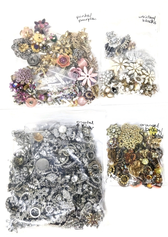 Sorted Jewelry Pieces for Crafting & Repair | Pinks + Purples, Black + White, Silver & Crystal, Orange + Brown + Yellow (4 Bags)