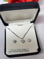 Sterling Silver Argent Cubic Zirconia Necklace Earrings Set Boxed