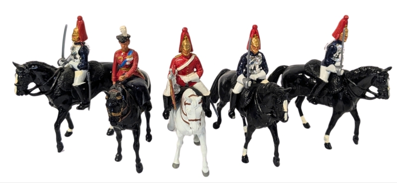 5 BRITAINS 1980s Lead-Based Enameled Mounted Figures: Queen Elizabeth, Royal Horseguards, Clarion Trumpeter | 3.5" Tall