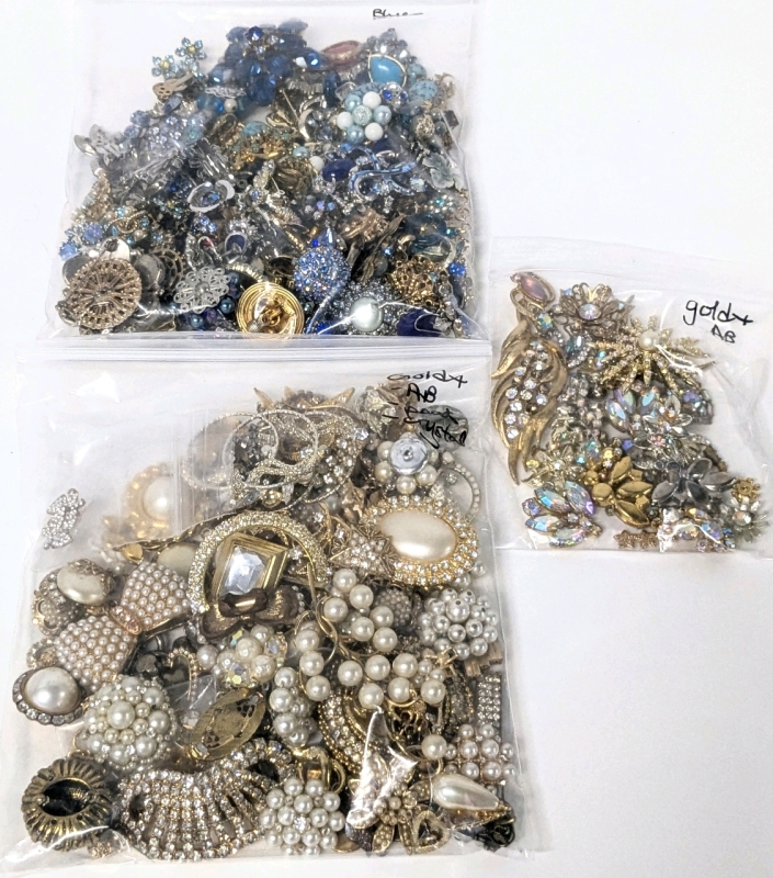 Sorted Jewelry Pieces for Crafting & Repair | Blues, Gold + AB + Pearl + Crystal, Gold + AB | Glowing Blue & Orange Stones!